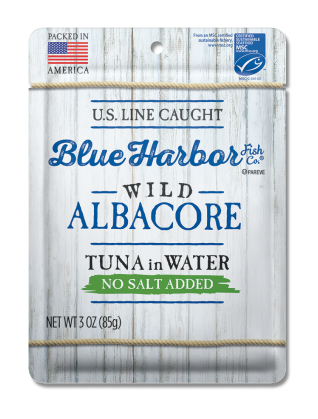 A 3 oz. pouch of Blue Harbor Fish Co.® Wild Albacore Solid White Tuna in Water, No Salt Added