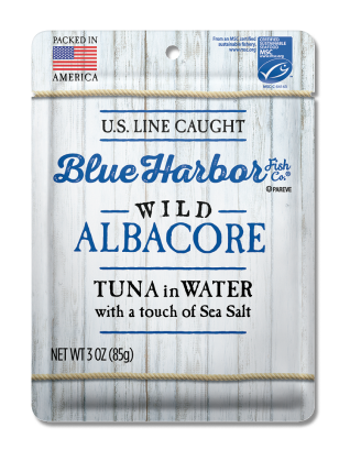 A 3 oz. pouch of Blue Harbor Fish Co.® Wild Albacore Solid White Tuna in Water with Sea Salt