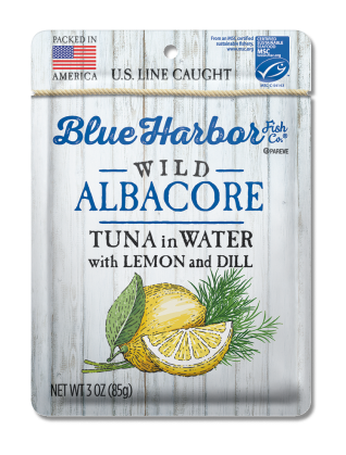 A 3 oz. pouch of Blue Harbor Fish Co.® Wild Albacore Solid White Tuna in Water with Lemon and Dill