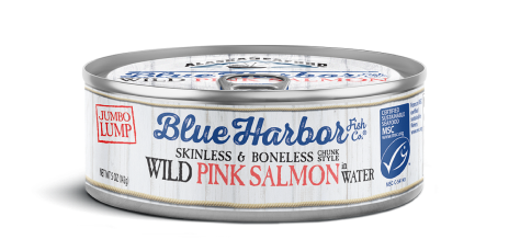 A 5 oz. can of Blue Harbor Fish Co.® Wild Alaskan Pink Salmon in Water with Sea Salt
