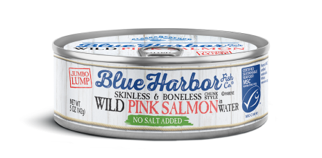 A 5 oz. can of Blue Harbor Fish Co.® Wild Alaskan Pink Salmon in Water, No Salt Added