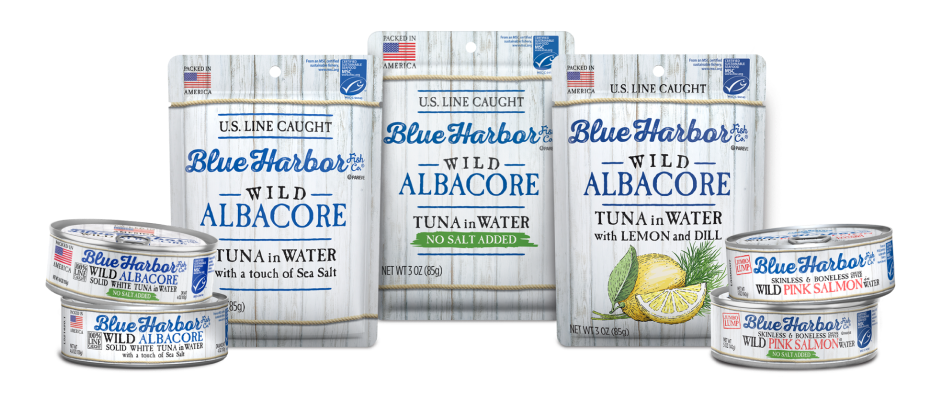 Blue Harbor Fish Co.® product lineup consisting of various pouches and cans