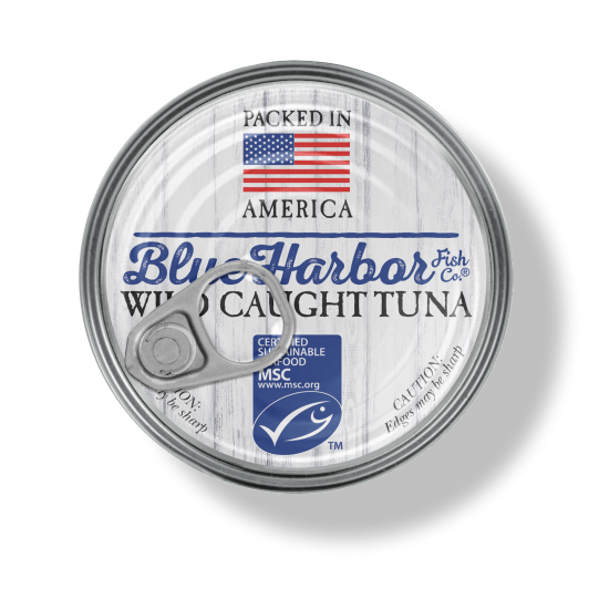 Top view of an unopened Blue Harbor Fish Co.® Wild Caught Tuna can