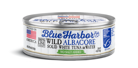 A 4.6 oz. can of Blue Harbor Fish Co.® Wild Albacore Solid White Tuna in Water, No Salt Added