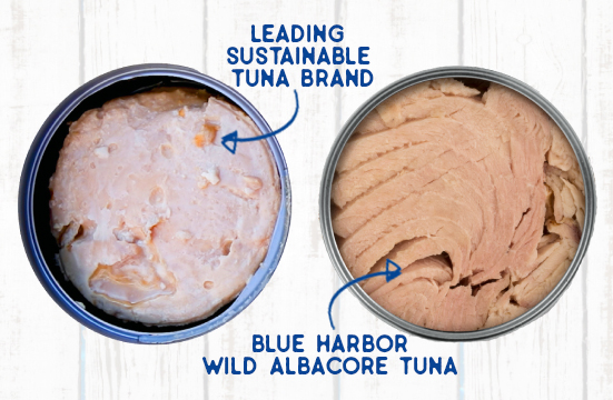 A top view, open can comparison of the leading sustainable tuna vs. Blue Harbor Fish Co.® tuna