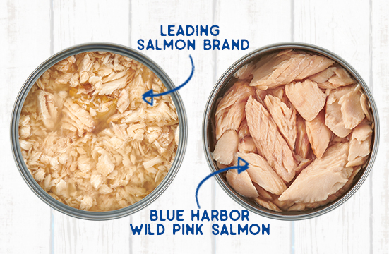 A top view, open can comparison of the leading salmon brand vs. Blue Harbor Fish Co.® salmon